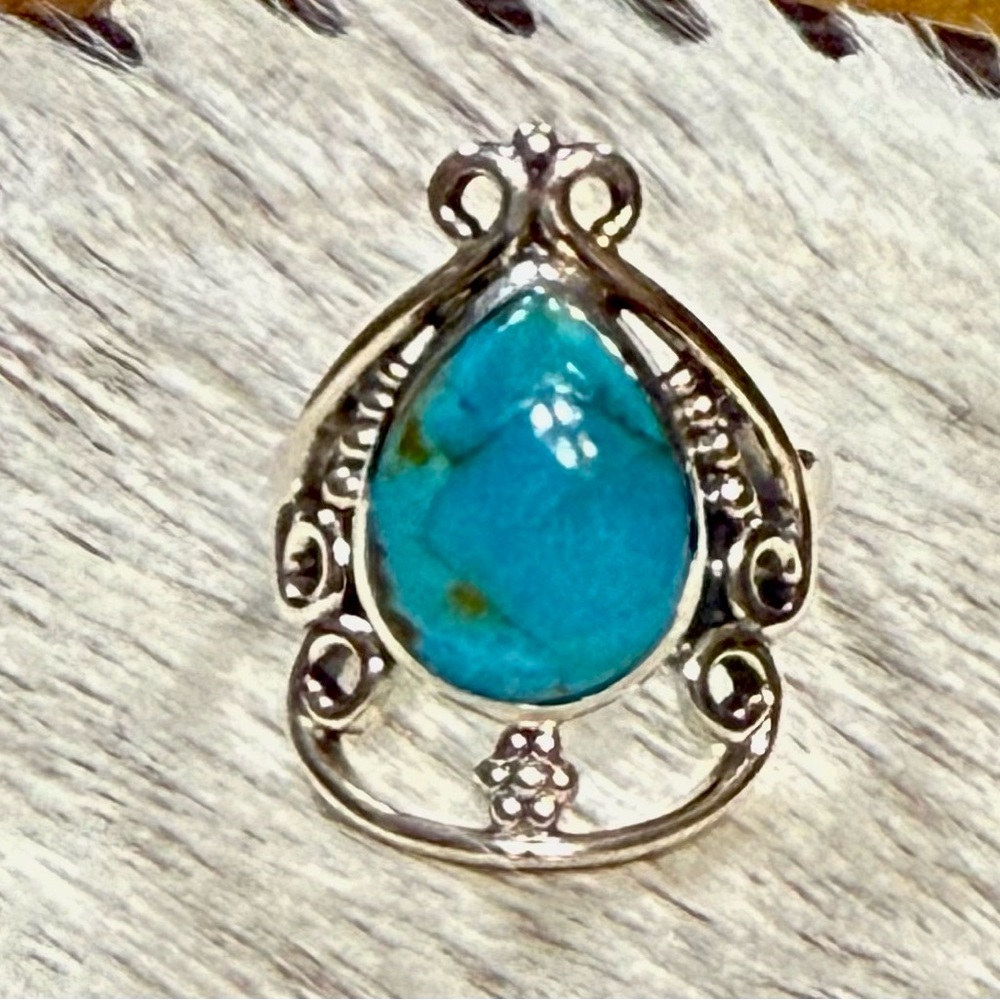 Ornate Sterling Silver and Blue Turquoise Teardrop Ring